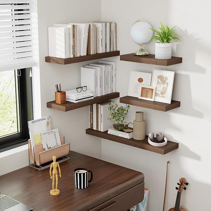 48 Inch Floating Shelves, 8 Inch Deep Floating Shelves for Wall, Hanging Shelf with Invisible Brackets, Deep Shelves for Bathroom, Bedroom, Living Room, Walnut, Set of 1