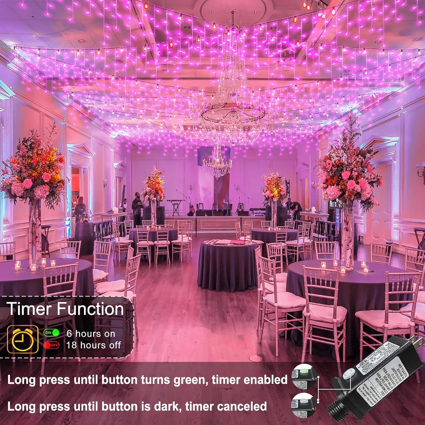 Pink Christmas Lights Outdoor, 33ft 400 LED Icicle Lights for Outside Clear Wire Connectable Twinkle Light with 8 Modes Timer Plug in Waterproof for Window Party Wedding Holiday Patio Tree Decorations