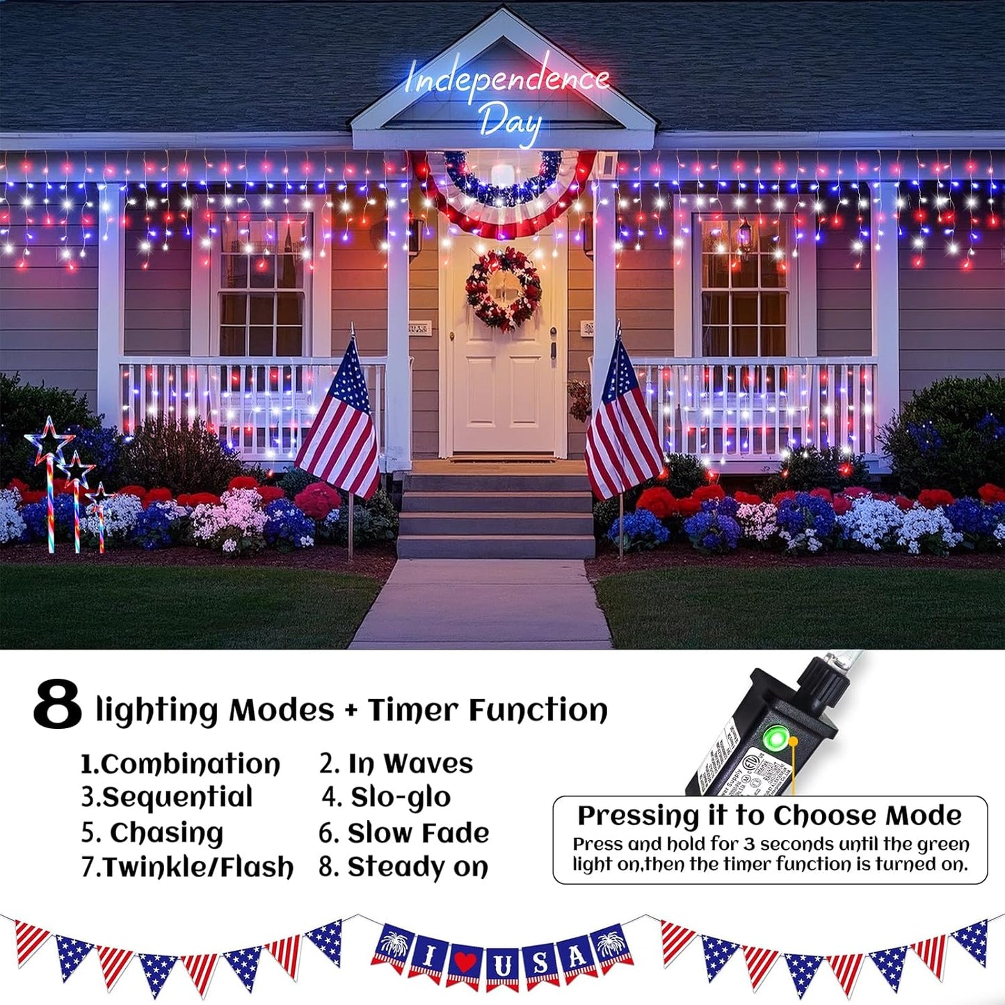 Red White and Blue Lights for 4th of July Decor, 33ft Icicle Lights for Outside Independence Day Decoration, 400 LED Christmas Light Outdoor Indoor with 120 Drops Clear Wire Connectable for Holiday