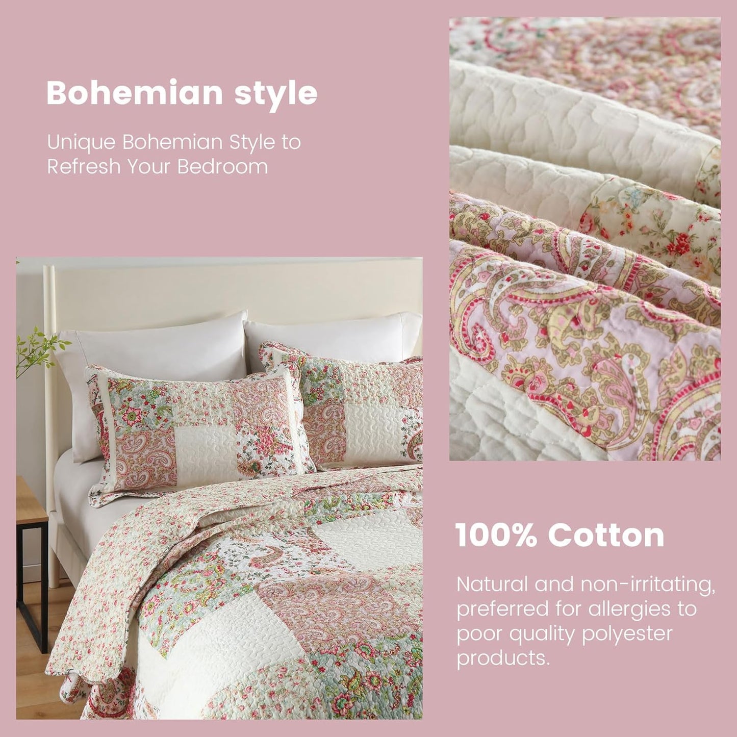 Secgo Queen Comforter Set for Bed - 100% Cotton Quilts Queen Size, Black Bedspreads (90 * 98 Inch) with 2 Pillow Shams, Patchwork Reversible Lightweight Bedding