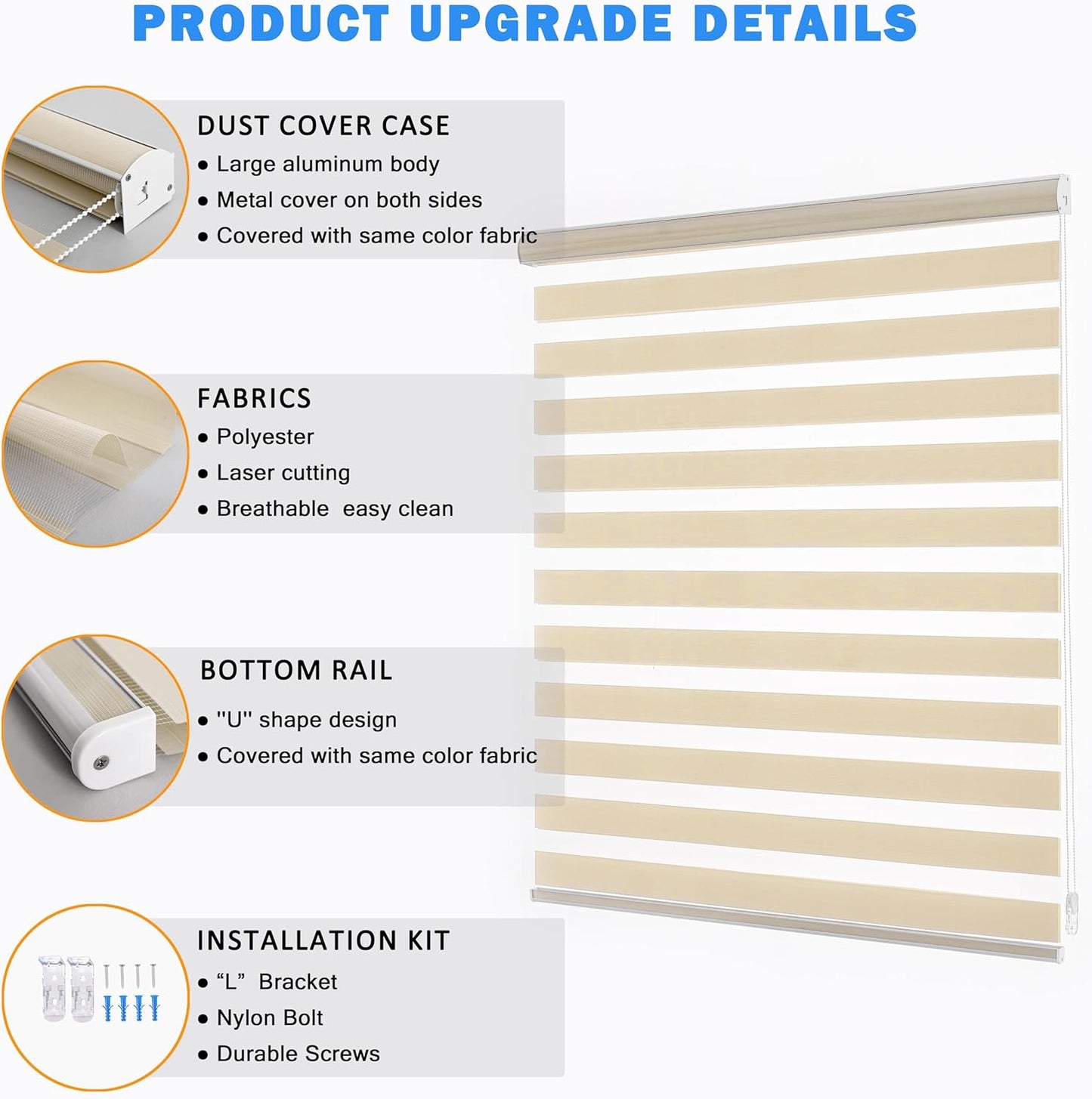 Zebra Blinds for Windows, Free-Stop Zebra Shades, Dual Layer Light Filtering Sheer Blinds for Indoor Windows, Roller Window Shades for Privacy (40" W X 72" H, Cream)