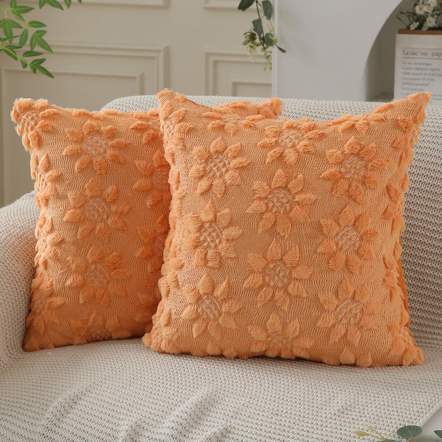 DFXSZ Spring Summer Pillow Covers 18x18 inch Set of 2 Farmhouse Decor White Flower Heart Sunflower Orange Soft Plush Faux Fur Jacquard Throw Pillows for Sofa Holiday Spring Home Decor PTK024H18