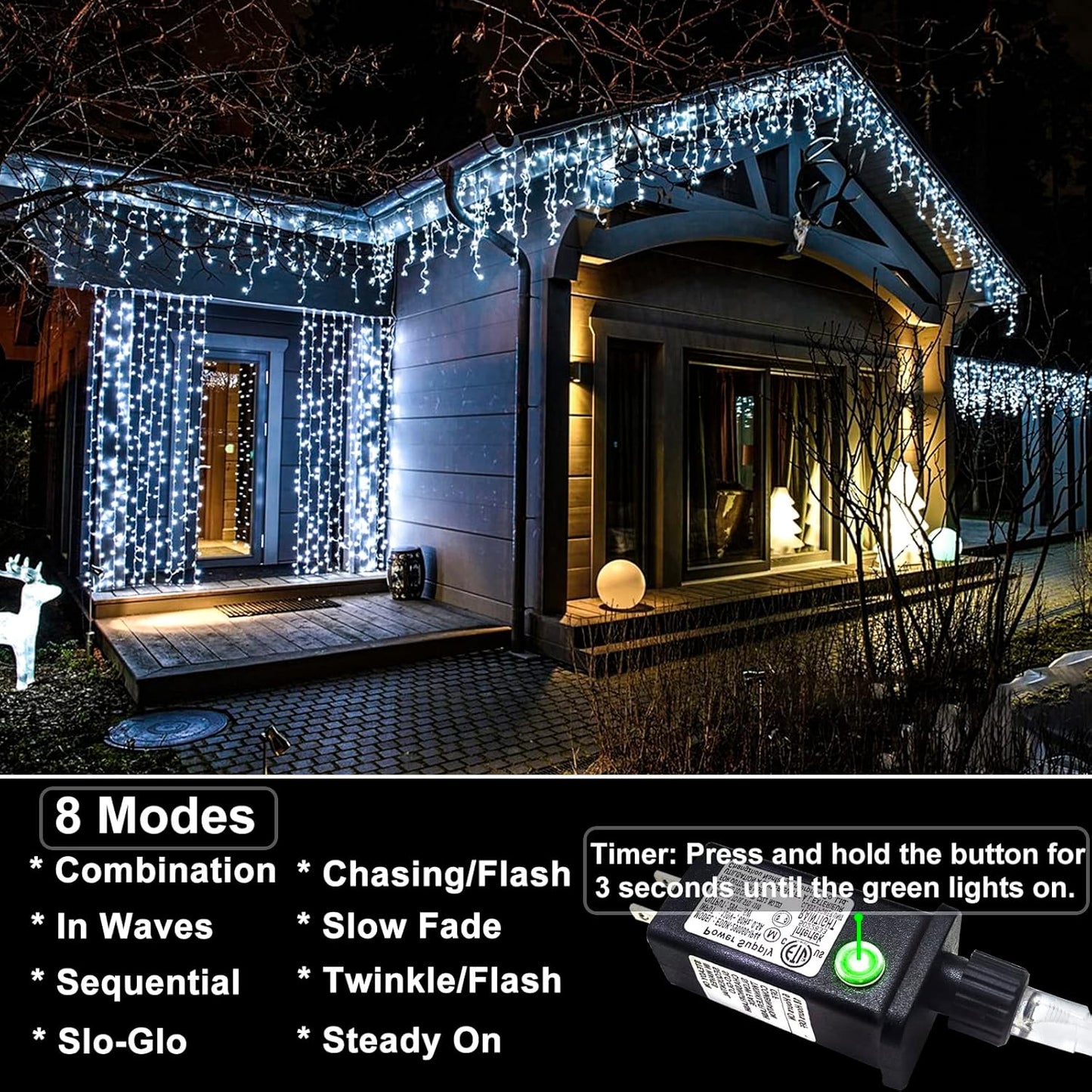 Icicle lights Outdoor - 66ft Christmas Lights with 640LED 120 Drops 8 Modes, Plug in Curtain String Lights Waterproof for Holiday Wedding Party Home Garden Bedroom Indoor Outdoor Decoration,Cool White