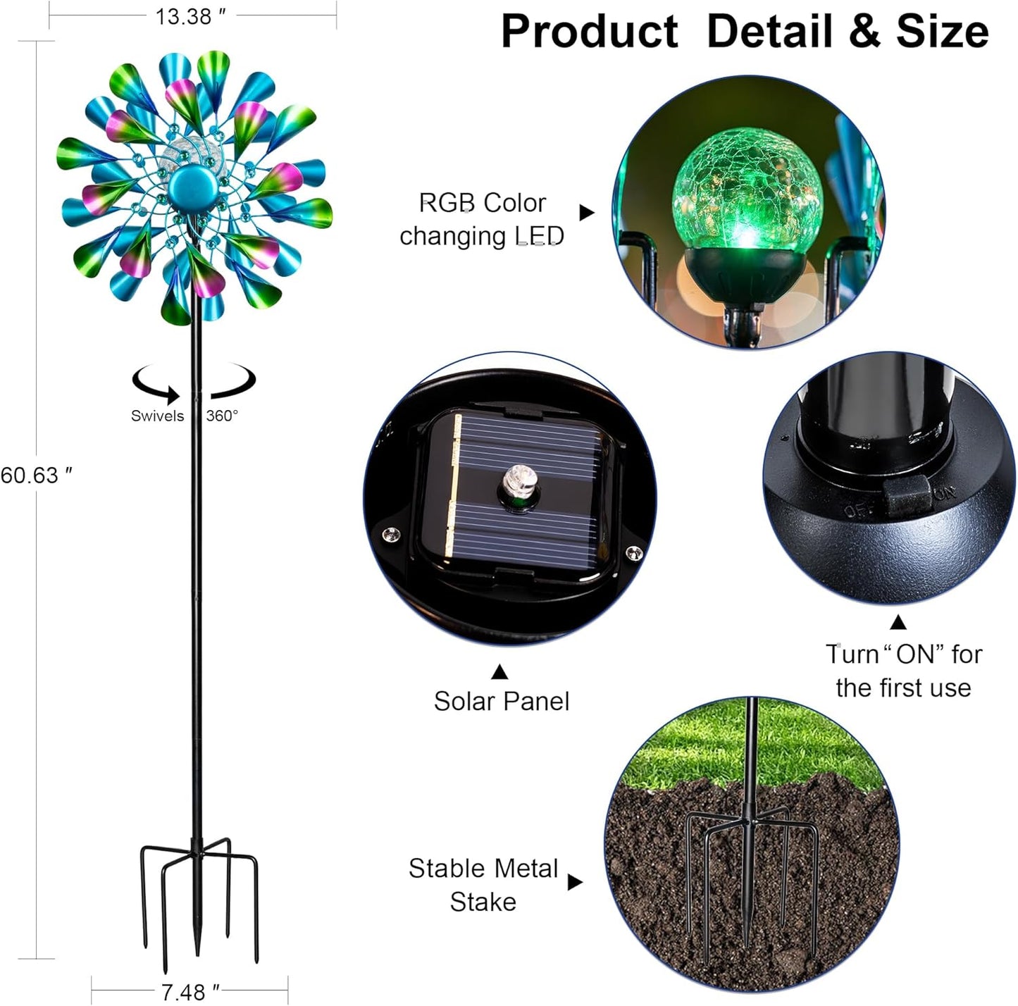 60'' Wind Spinner with Color Glass Ball Solar Lights, Green Peacock Feathers Metal Garden Outdoor Decor Yard Lawn Art Decor for Patio Kinetic Windmills Unique Gifts for Friends and Family