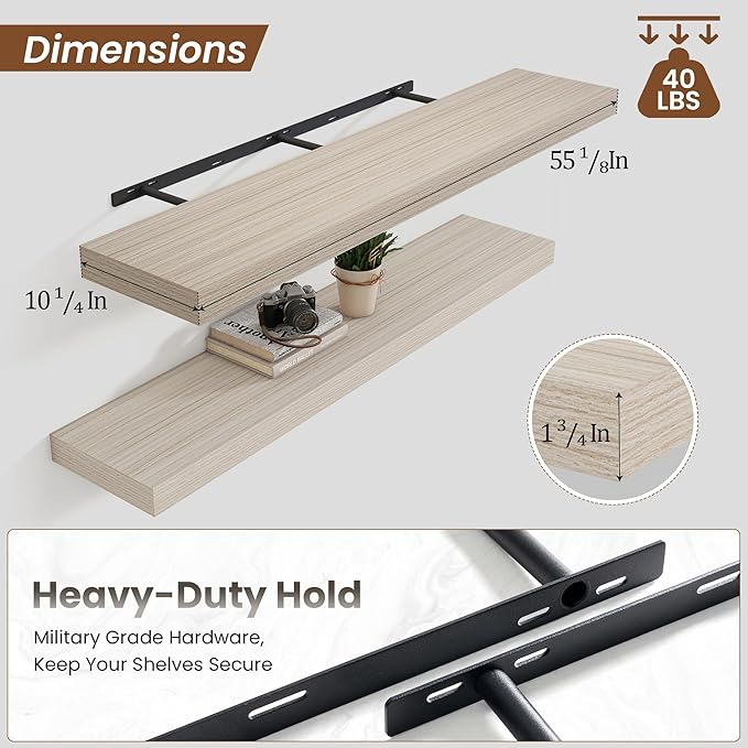 Heimlove 55 Inch Floating Shelves for Wall,10 Deep Large Grey Floating Shelf with Heavy Duty Brackets,Wall Shelf Mounted Storage & Display Shelves for Bedroom,Living Room,Kitchen,Office