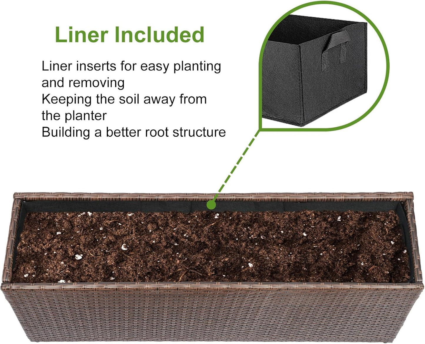 LEWIS&WAYNE Large Rectangular Block Planter Box Handmade Wicker Tall Planters for Outdoor Plants with Removable Liners Modern Planter for Indoor Outdoor Patio Deck - Brown, 36''x12''x16''
