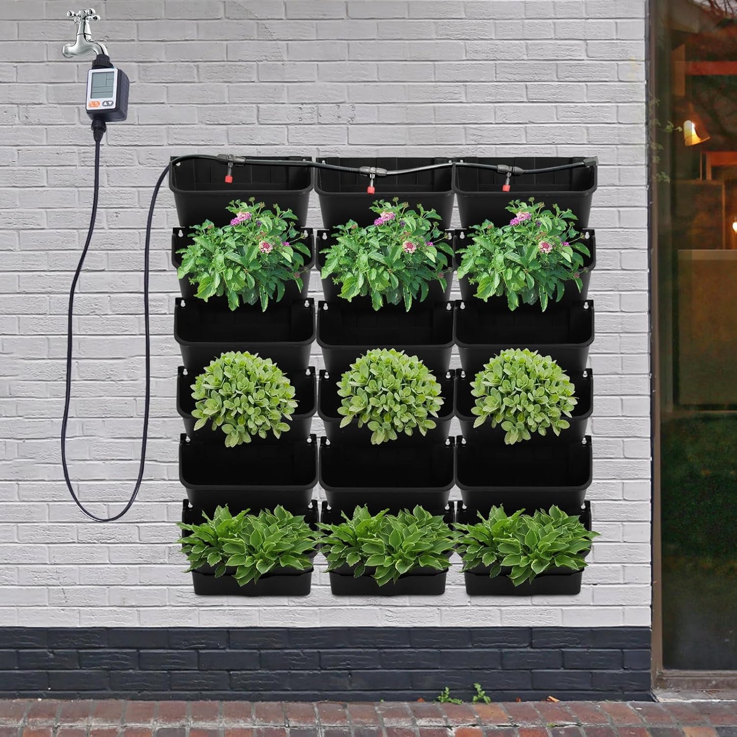 Self-Watering Wall-Mounted Planter, Vertical Garden Planter Set with 18 Pots, Stackable Plant Grow Pots with Electronic Timer for Growing Veggies, Fruits, Herbs, Flowers.