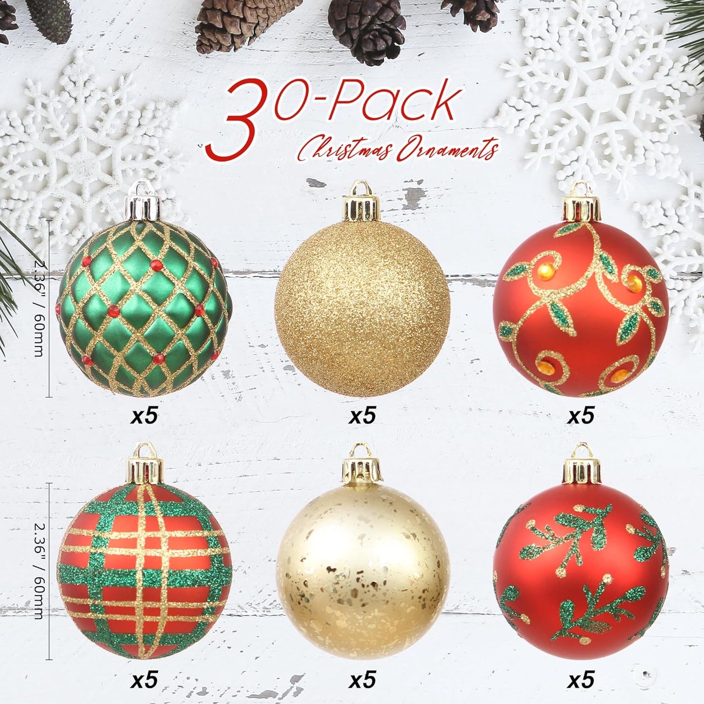Sea Team 60mm/2.36" Delicate Contrast Color Theme Painting & Glittering Christmas Tree Pendants Decorative Hanging Christmas Baubles Balls Ornaments Set - 30 Pieces (Gold, Red & Green)