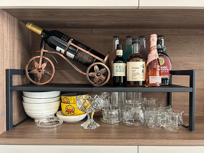 Expandable Cabinet Shelf Organizer 16-26" L Stackable Kitchen Counter Shelf Rack Sink Riser Countertop Storage Black (Normal 7.9”D)