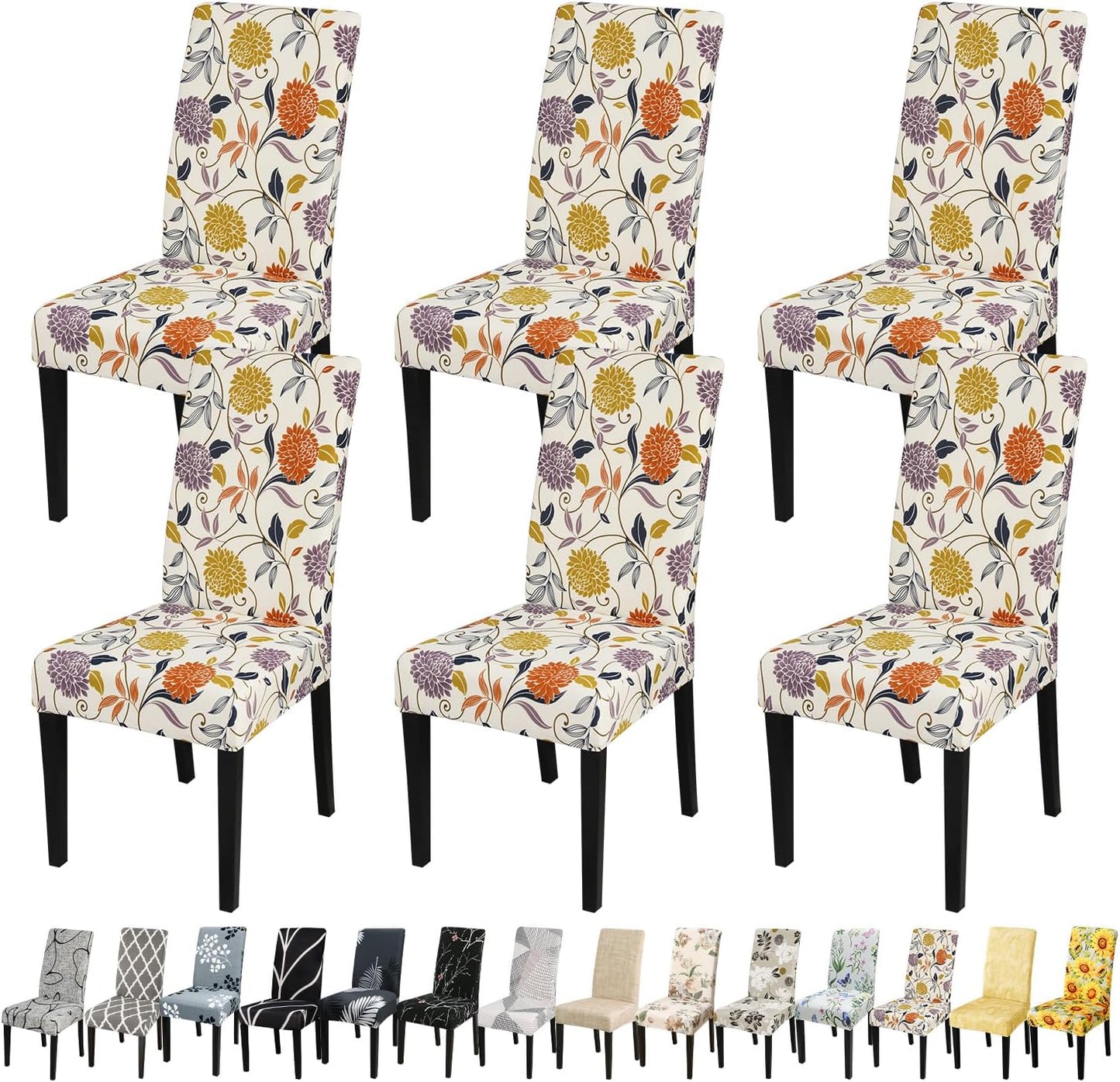 JQinHome Pattern Chair Covers for Dining Room Set of 6, High Stretch Removable Washable Parsons Chair Slipcover for Home Party Hotel Wedding Ceremony (Flower,6PCS)