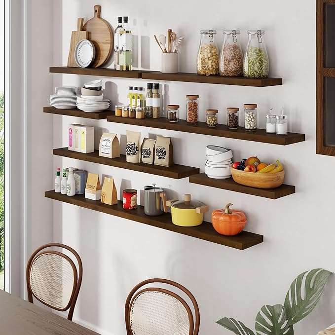 Floating Shelves 55 Inches Long - 8 Inch Deep Rustic Solid Pine Wood for Storage - Farmhouse Wall Mounted for Living Room - Heavy-Duty Metal Bracket - 55" W x 8" D - American Walnut Color