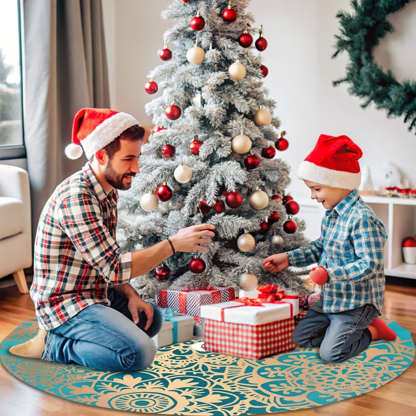 48" Large Christmas Tree Skirt, Elegant Teal Green Mandala Pattern Pattern Tree Mat Base Cover for Xmas Festive Holiday Party Decoration Ornaments