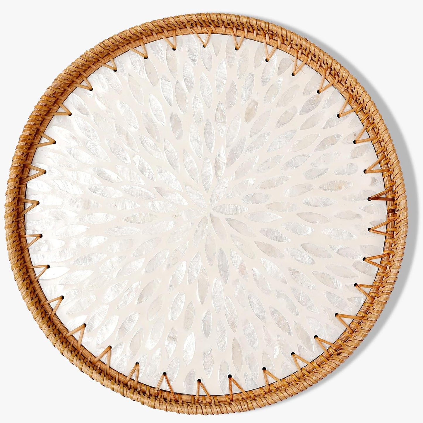 Round Rattan Tray with Mother of Pearl Inlay & Wooden Base - Decorative Wicker Serving Tray for Coffee/Bread/Fruits, Food Storage & Display - Multipurpose Home Decor (M,White Leaves)