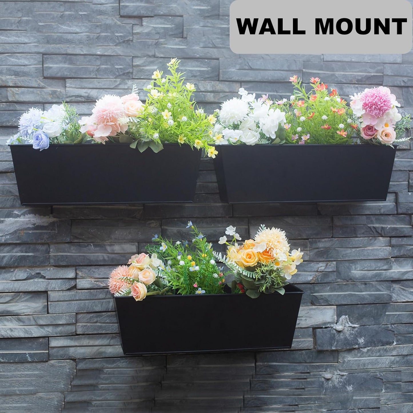 Wall Hanging Planters for Outdoor Plants 16 Inch Large Metal Fence Pots with Hooks for Outside Garden Balcony Plants 3PCS（Black）