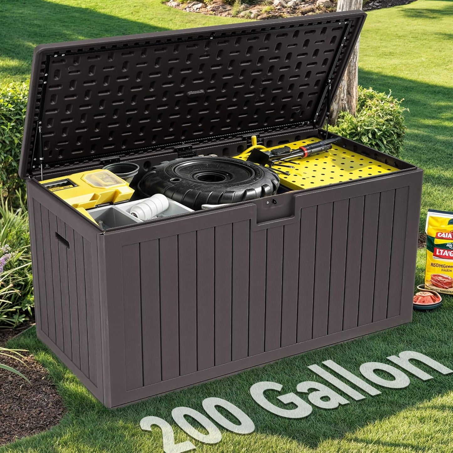 YITAHOME 200 Gallon Double-Wall Deck Box with Divider & Side Handles, Outdoor Large Storage for Patio Furniture Cushions, Garden Pool Accessories, Water Resistant & Lockable