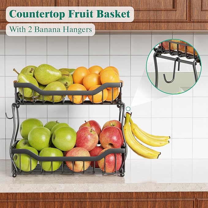 Giwil 2 Tier Countertop Fruit Basket for Kitchen, Vegetable Storage Bread Fruit Bowl Stand with 2 Banana Hangers, Wall Mounted Metal Wire Basket Organizer for Potato Onion, Black