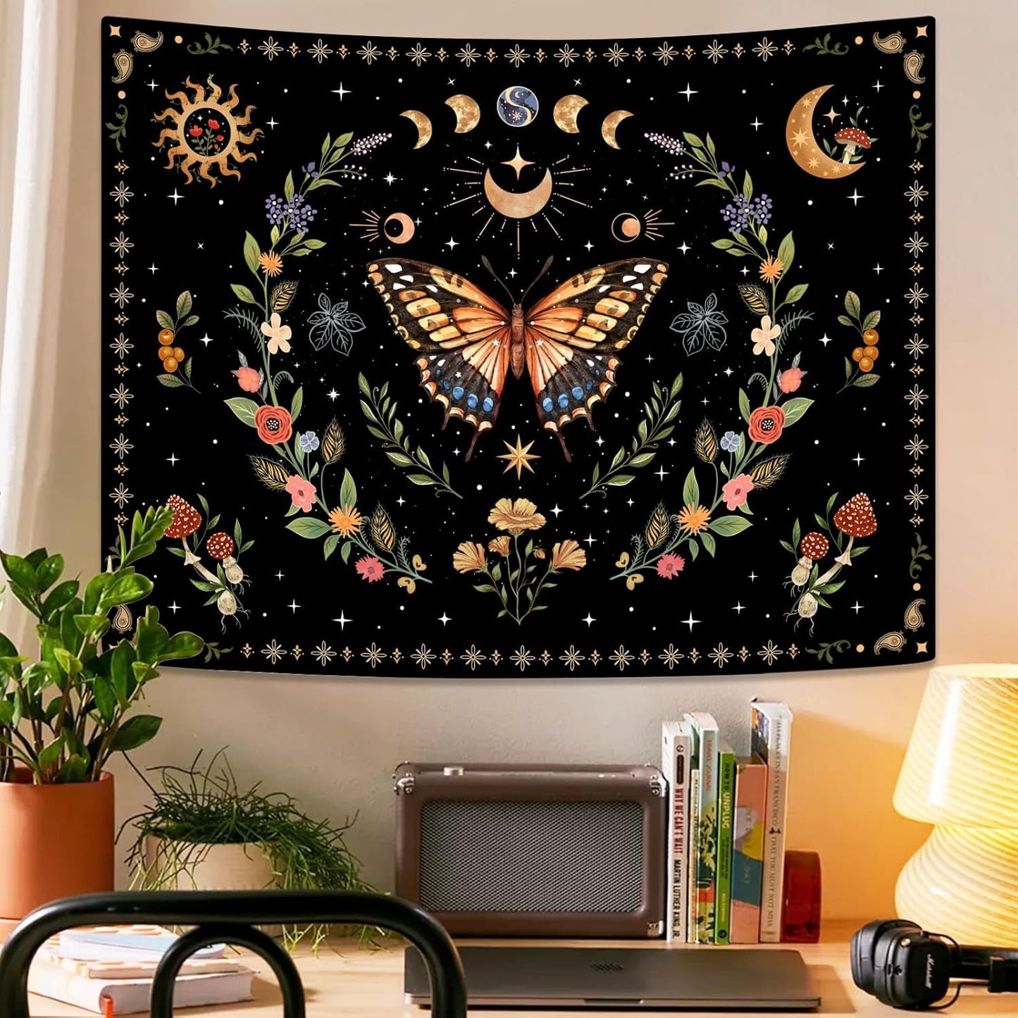 Lunerfex Boho Butterfly Tapestry Flower Moon Wall Tapestry, Moon Phases Tapestries for Bedroom Cute Tapestries Wall Hanging for Bedroom Living Room Decor Butterfly-1 70"x90"