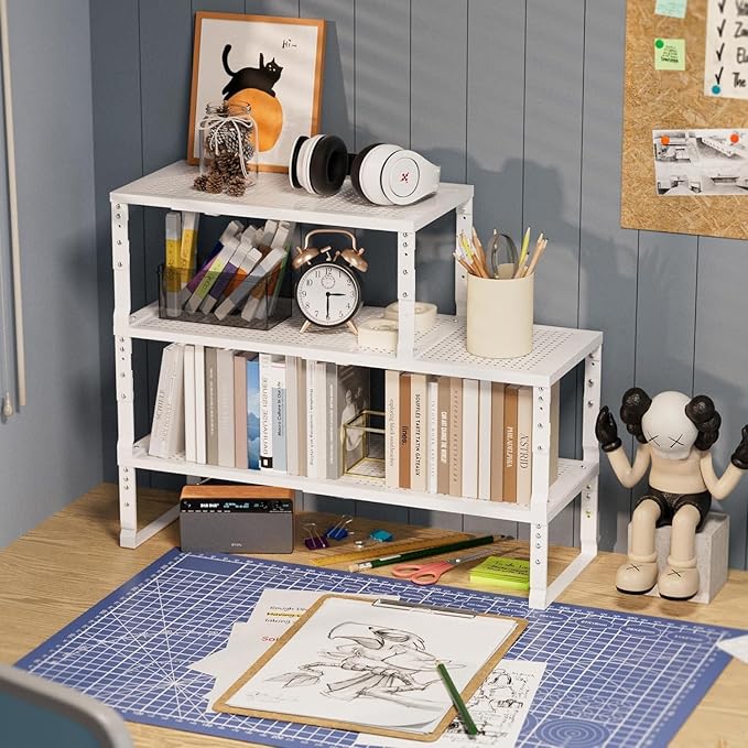 Expandable Spice Rack Kitchen Cabinet Shelf Organizer, Stackable Storage Shelves Racks, Adjustable Counter Shelving for Cabinets, Countertop, Cupboard,Pantry and More(3Packs/White/Medium)