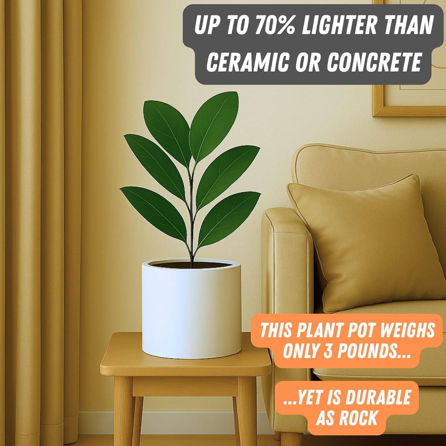 Fox & Fern 8 Inch Plant Pot with Drainage Plug — Premium Lightweight Fiberstone Matte White Planter; Indoor & Outdoor Planter; 8 Inch Pots for Plants; Weather Resistant & UV Resistant