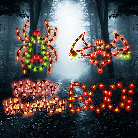 4-Pack Lighted Halloween Window Silhouette Decoration,Hanging Light Up Holiday Ornament( Cobweb,Jack-O-Lantern,Cat,Skull)