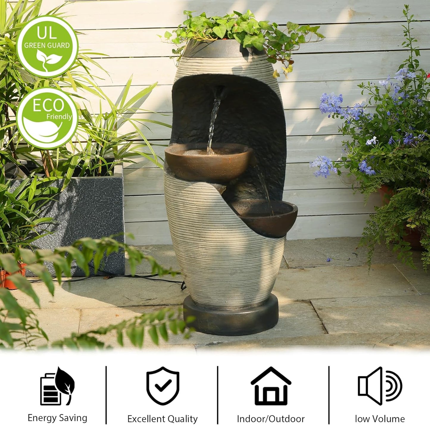 27.95''H Outdoor Garden Water Fountain, 2-Tier Bowl Shaped Floor - Standing Waterfall Fountain Indoor with LED Lights for Yard, Garden, Patio,Backyard & Home Decor