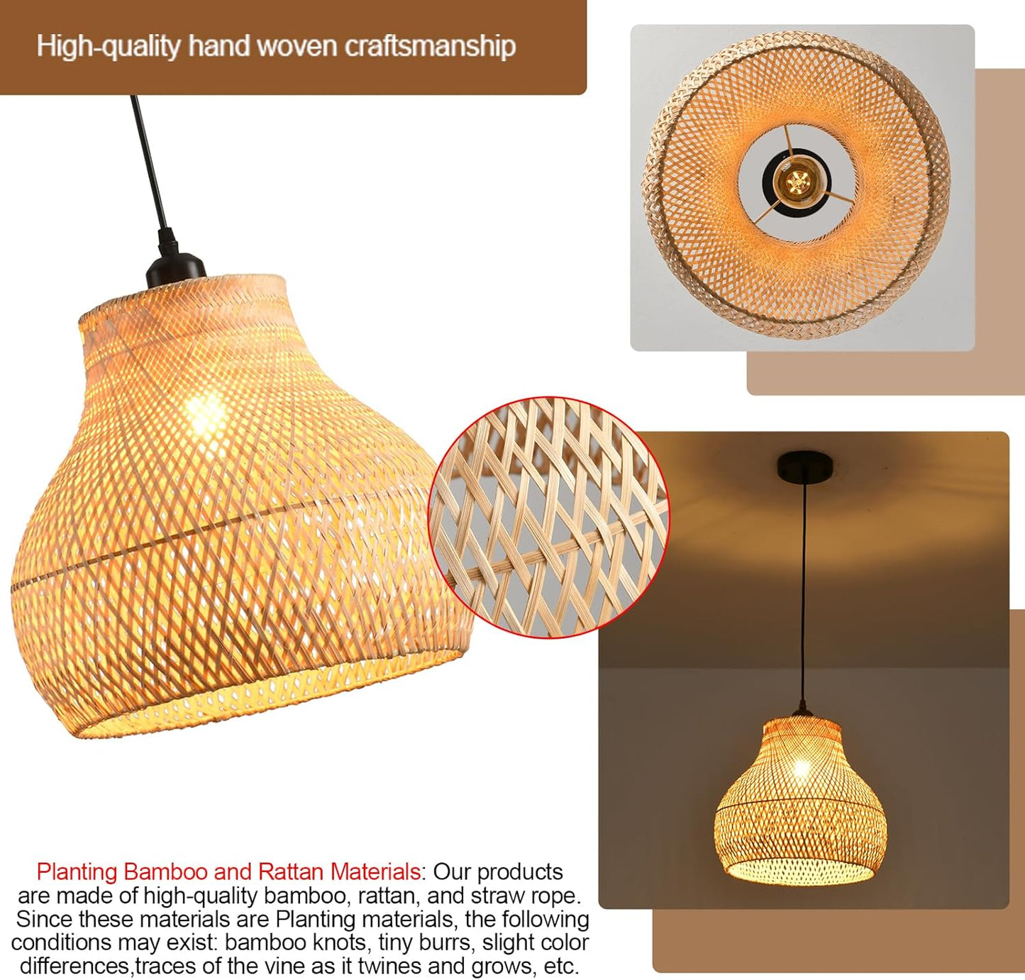 Bamboo Pendant Light 13.39" Hand Woven Rattan Pendant Light,1-Light Bamboo Rattan Ceiling Hanging Light,for Living Room Kitchen Dining Room Farmhouse