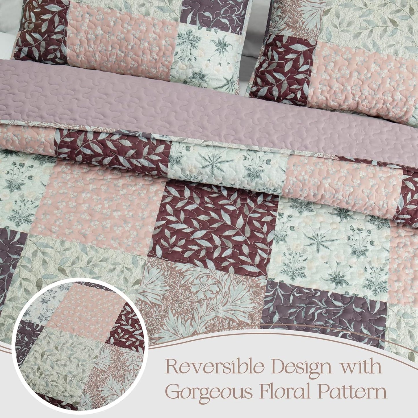 Exclusivo Mezcla Reversible Boho Quilt Set King Size, 3 Pieces Patchwork Brown All Season Bedspreads, Ultra Soft Floral Coverlet Bedding Set with Printed Pattern (1 Quilt, 2 Pillow Shams)