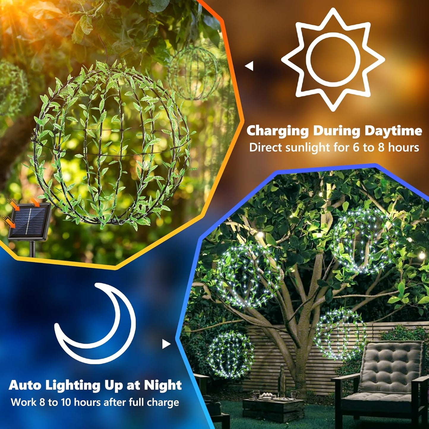 Solar Powered Hanging Iron Sphere Lights with Artificial Greenery – 12Inch 120 LED Waterproof Outdoor Decor Ball Light with Timer & 8 Modes – 2 Pack for Garden, Christmas, Weddings (Cool White)