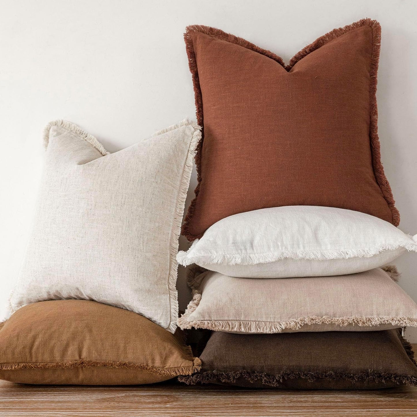 Foindtower Set of 2 Decorative Linen Fringe Throw Pillow Covers Boho Farmhouse Cushion Cover with Tassels Soft Accent Pillowcase for Couch Sofa Bed Living Room Home Decor,24×24 Inch,Orange Brown