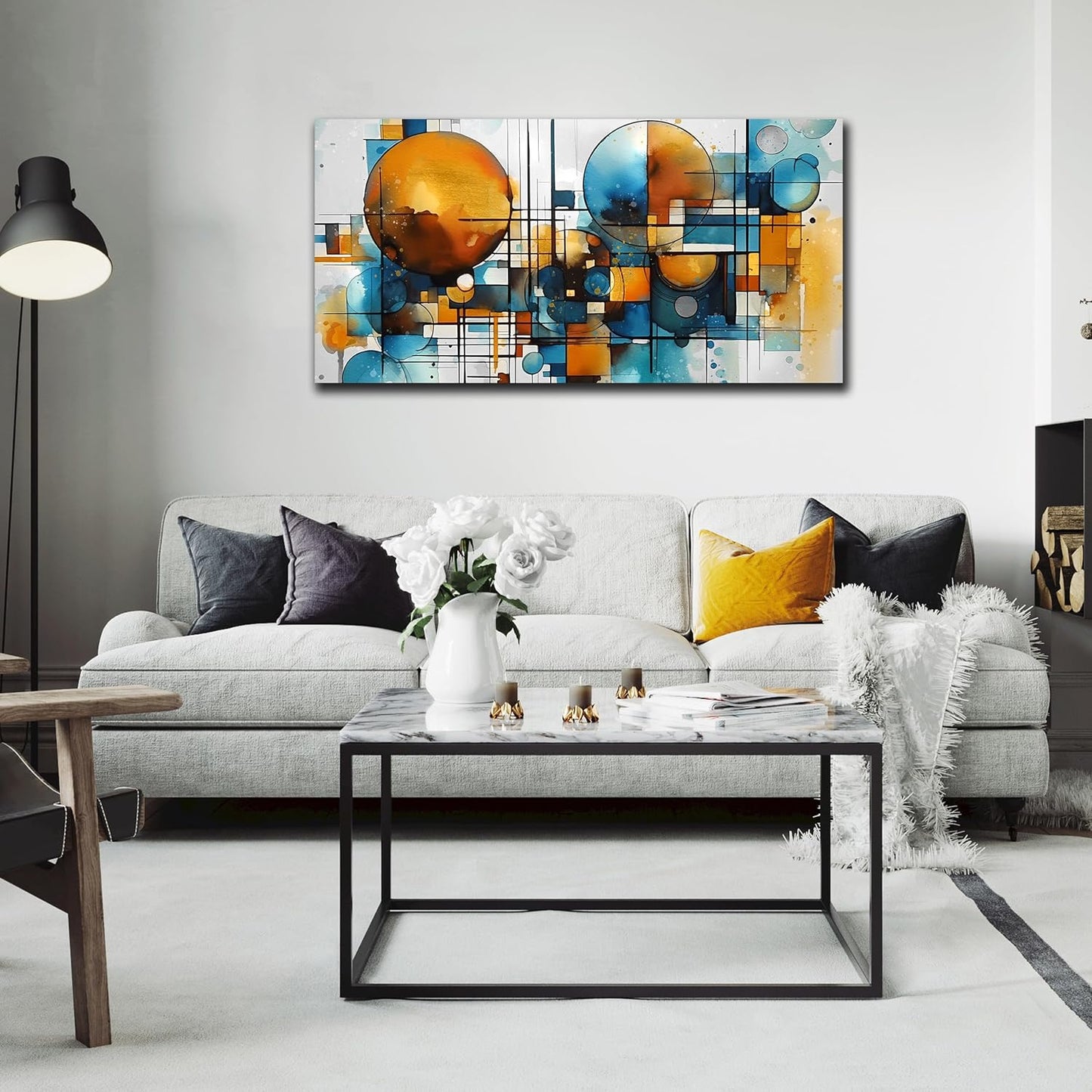 ENTANUB Abstract Canvas Wall Art for Living Room, Circle Wall Decor for Bedroom, Orange and Blue Print Paintings Artwork, Size 20x40 Inches