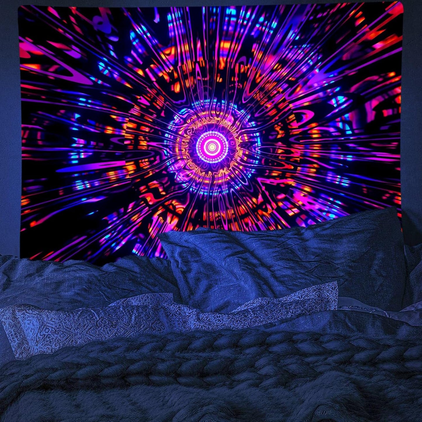 PSYHILAR Blacklight Mandala Tapestry for Bedroom, Psychedelic Black Light Posters for Adults and Teens, Colorful UV Reactive Aesthetic Bohemian Art Wall Hanging Decor Red and Purple (60 x 50 Inches)