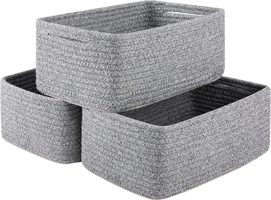 3 Pack Small Storage Baskets for Organizing, Cute Woven Decorative Gift Baskets for Shelves, Mini Closet Organizer Bins with Handles, 11.81''Lx7.87''Wx4.72''H-Grey