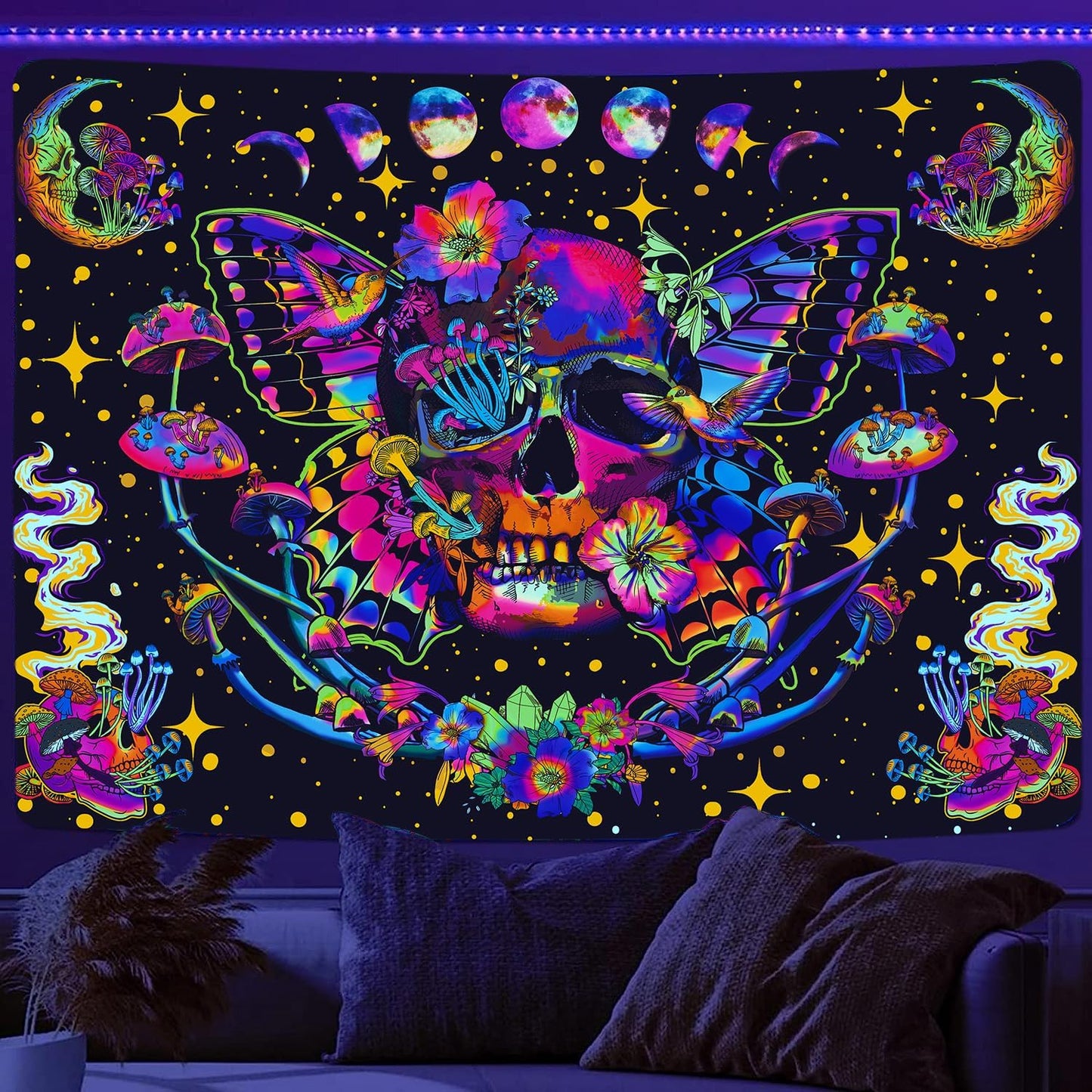 Xiaoput Blacklight Skull Tapestry for Bedroom & Living Room, UV Reactive Mushroom Butterfly & Moth Moon Flowers Tapestry, Hippie Skeleton Wall Hanging 90x70IN