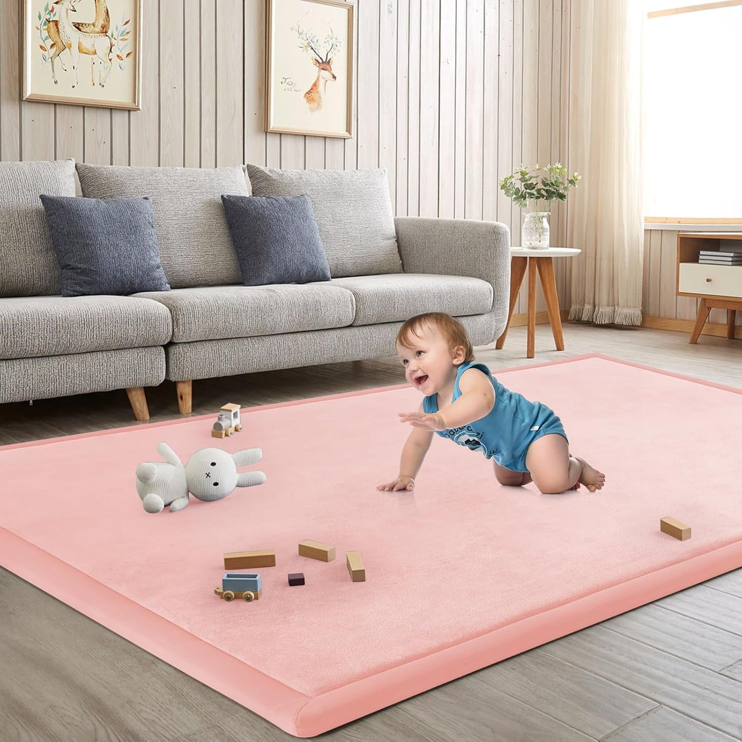 Baby Play Mat for Floor Tummy Time Mat Nursery Rug Muscle Area Rug Playroom Tatami 79"x118" Memory Foam 1.3" Thick Crawling For Babies,Toddlers, Infants, Kids,Floor(Pink)