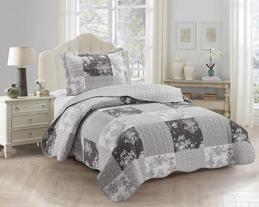 Brilliant Sunshine Grey Toile Floral Patchwork, 2-Piece Quilt Set with 1 Sham, Reversible Bedspread, Soft Lightweight Coverlet, All-Season, Twin, Grey