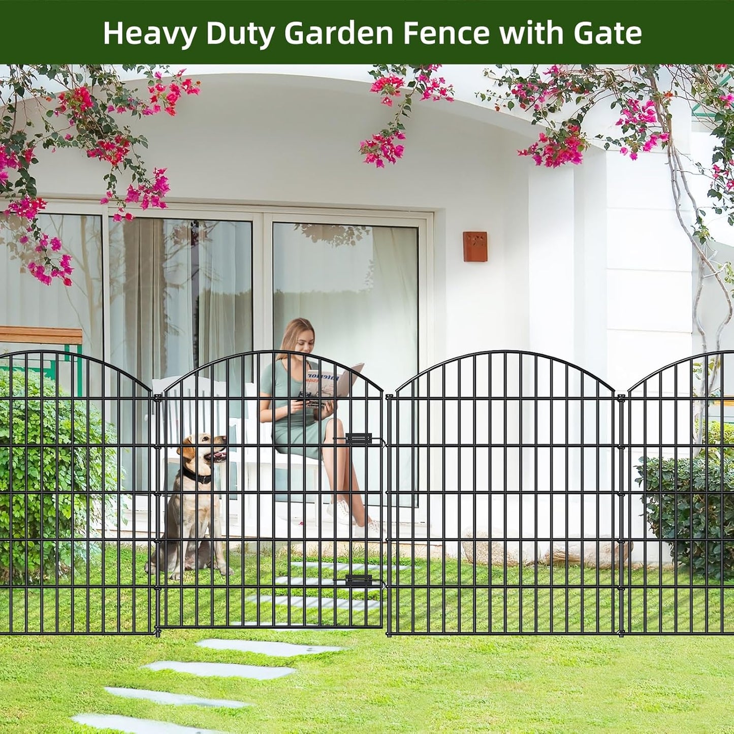 Metal Garden Gate and Fences Outdoor ECG1191, 1 Gate + 4 Fence Panels,43.2in Tall and Total Length 14.75ft, Heavy Duty Fencing for The Yard Privacy Temporary Animal Barrier for Dog, Black