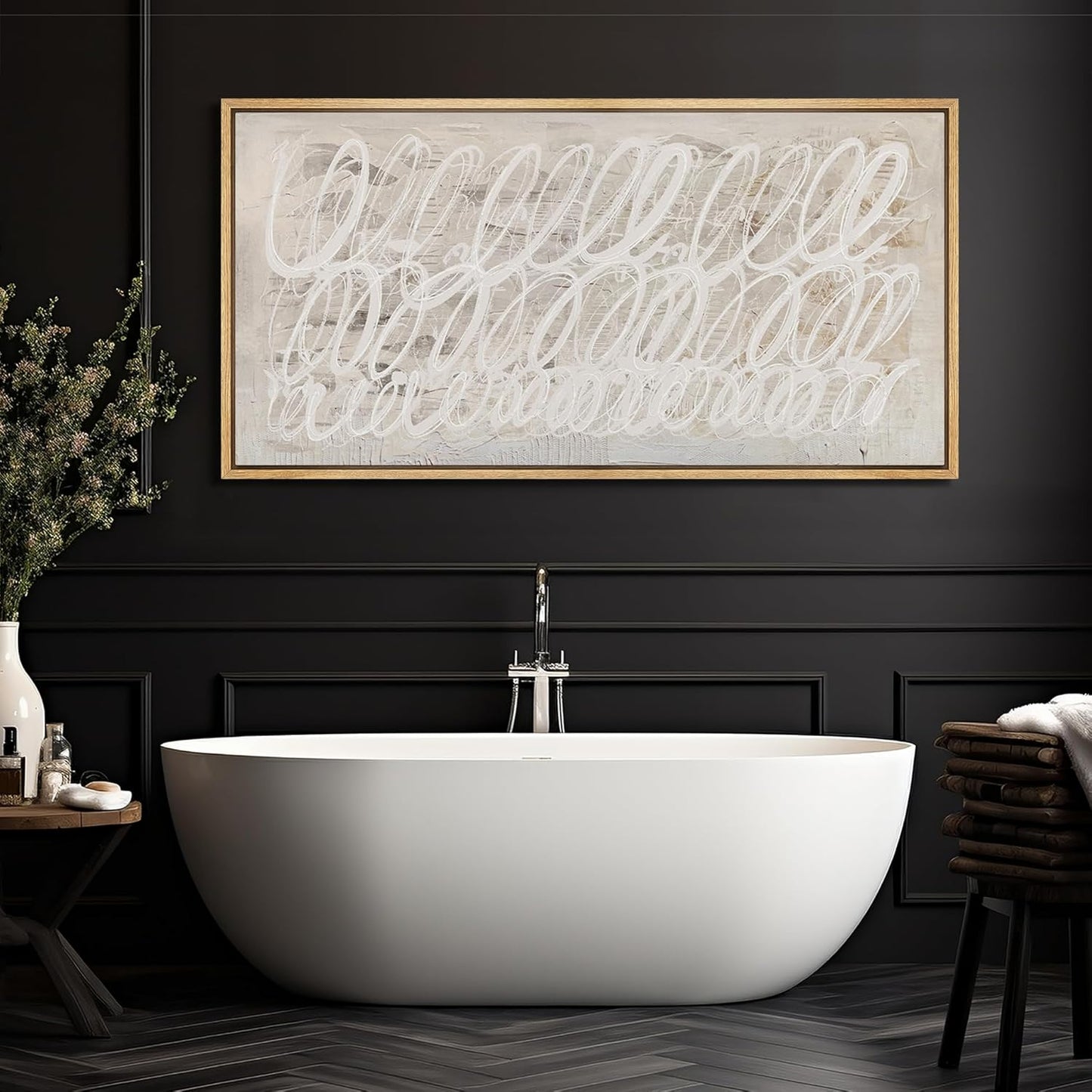 MUDECOR Extra Large Framed Canvas Print Wall Art White Abstract Calligraphy Antique Retro Fine Art Illustrations Decorative Colorful for Bedroom - 60"x30"