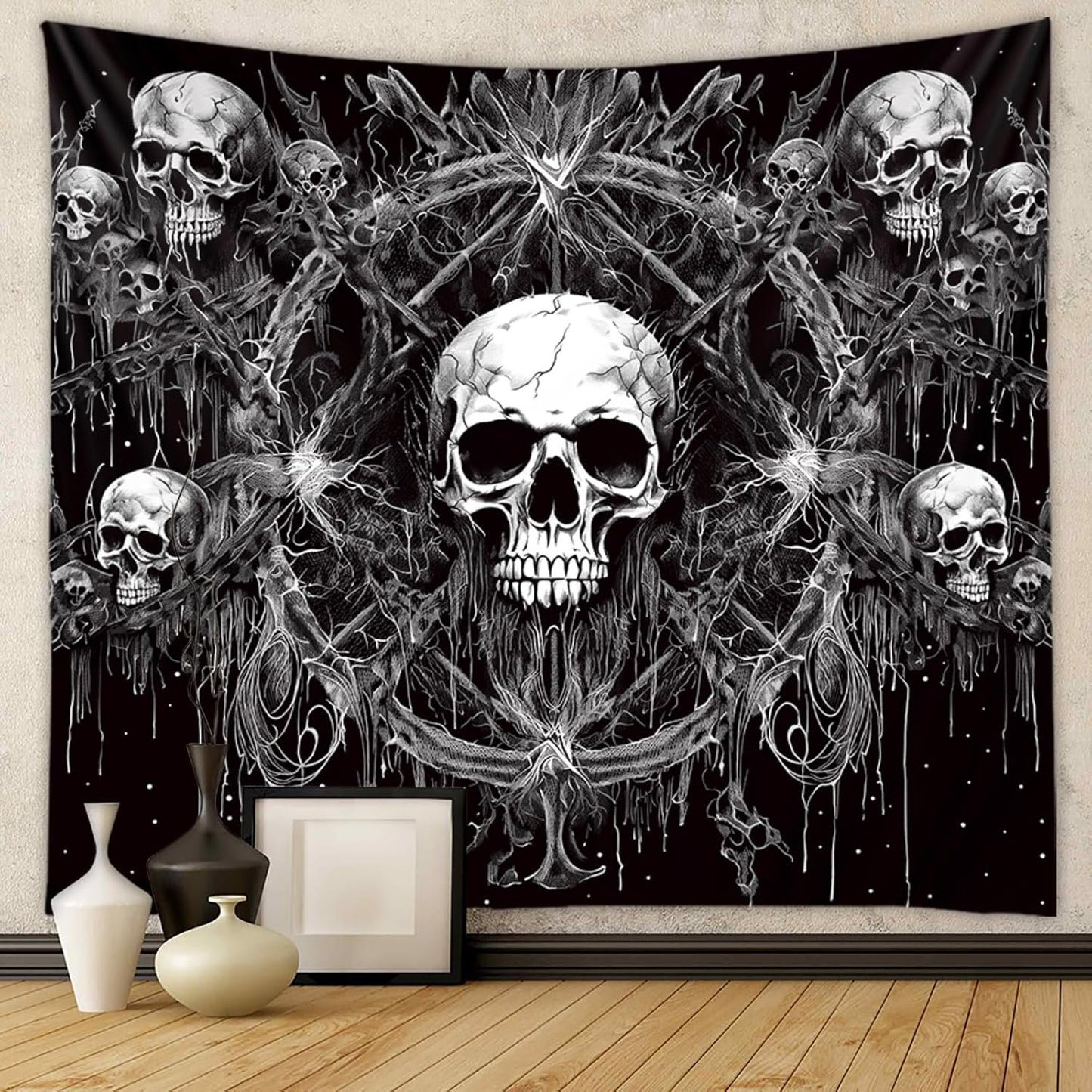 Tapzen Gothic Black and White Tapestry Wall Hanging - Dark Skeleton Horror Aesthetic for Bedroom, Living Room or Dorm (40 x 30 inches)