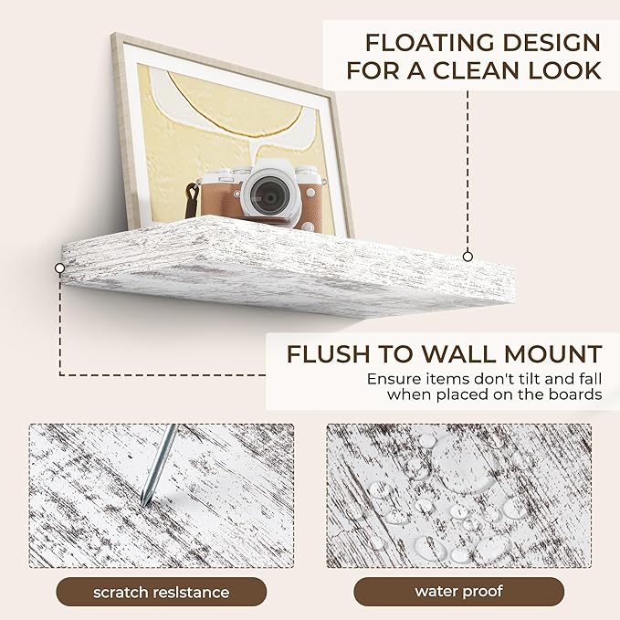 RICHFOCUS 16Inch Floating Shelves for Wall 2 Pack Shelves for Bedroom|Kitchen|Bathroom Wall Mounted Rustic Distressed Wood Floating Shelf with Invisible Brackets for Books|Storage|Decor, Rustic