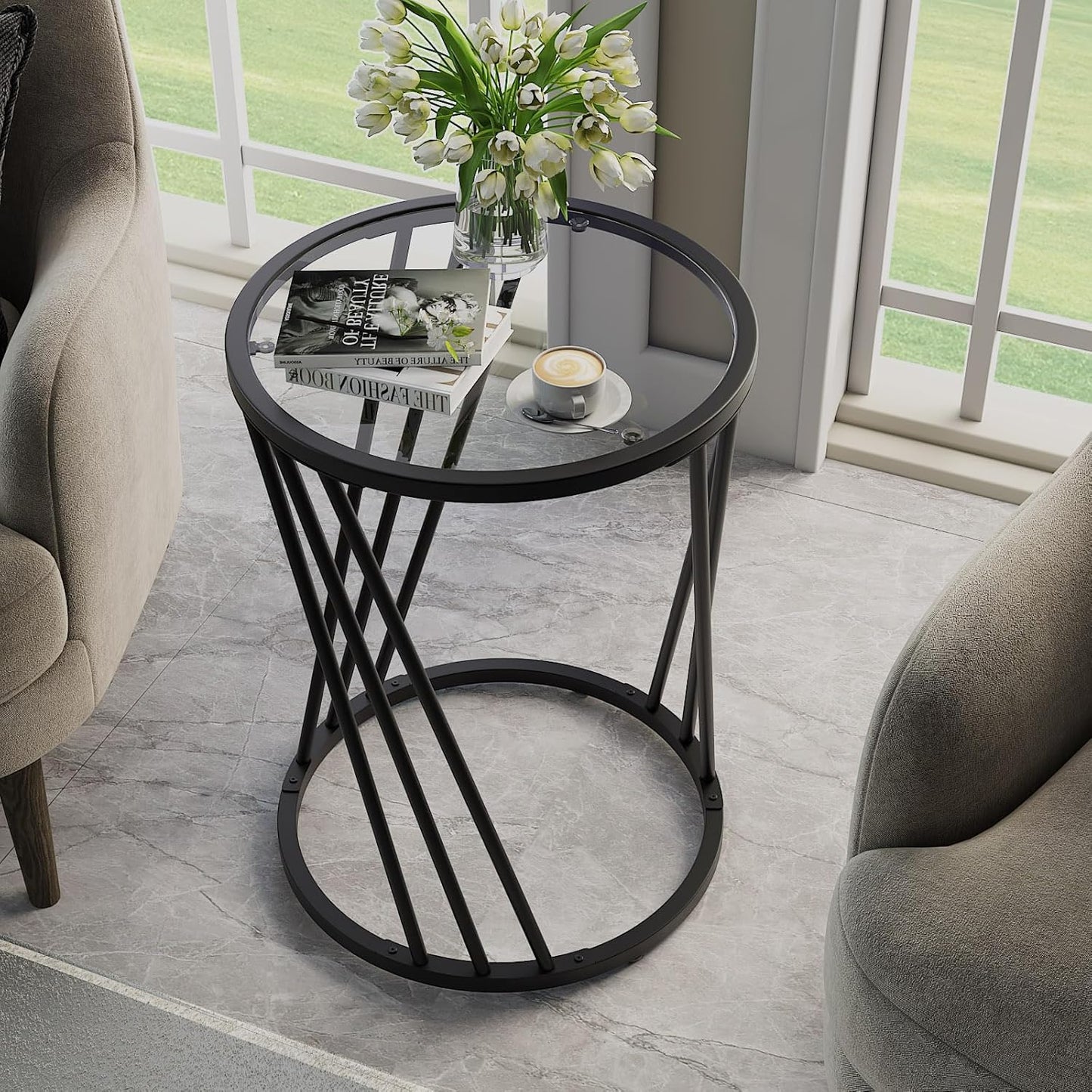Round Side Table, Modern End Tables for Living Room Office Small Spaces, Glass Black End Table with Metal Frames, Nightstand for Bedroom, Bedside Furniture, Easy Assembly