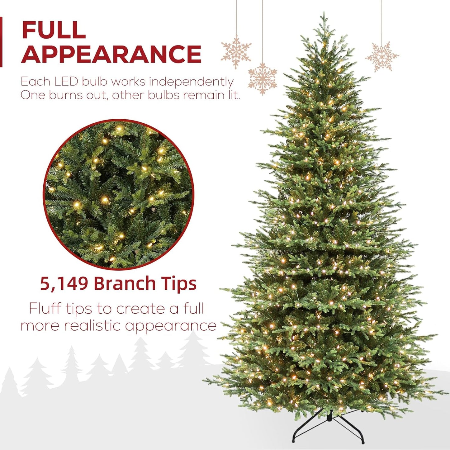 Hykolity 9 ft Prelit Artificial Christmas Tree with 5149 PE&PVC Branch Tips, 600 Warm White LED Lights, Easy Assembly with Metal Stand and Hinged Branches