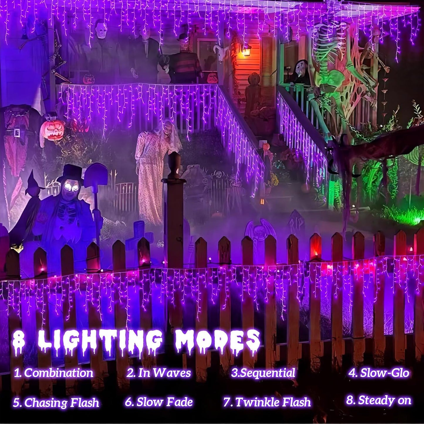 YEGUO 33ft 400 LED Purple Icicle Halloween Lights Outdoor Waterproof, 80 Drops Icicle Light Connectable, 8 Modes Icicle Christmas Lights with Memory Timer