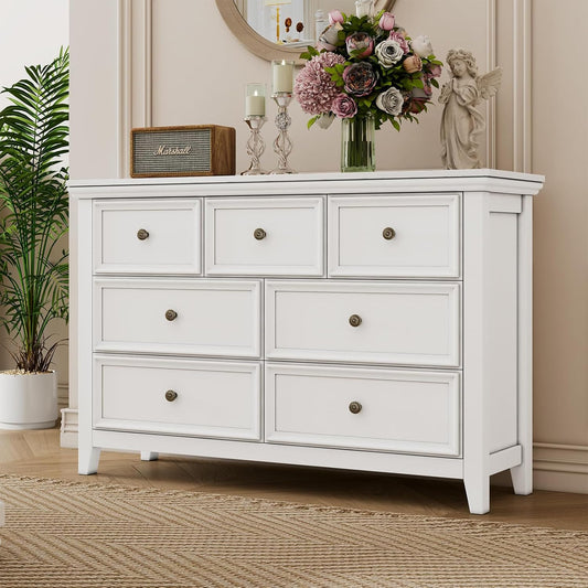 BLANKSPACE White 7 Drawer Dresser, Modern Dresser for Bedroom, Wood Drawer Organizer with Metal Knobs, Large Capacity Wood Cabinet for Bedroom