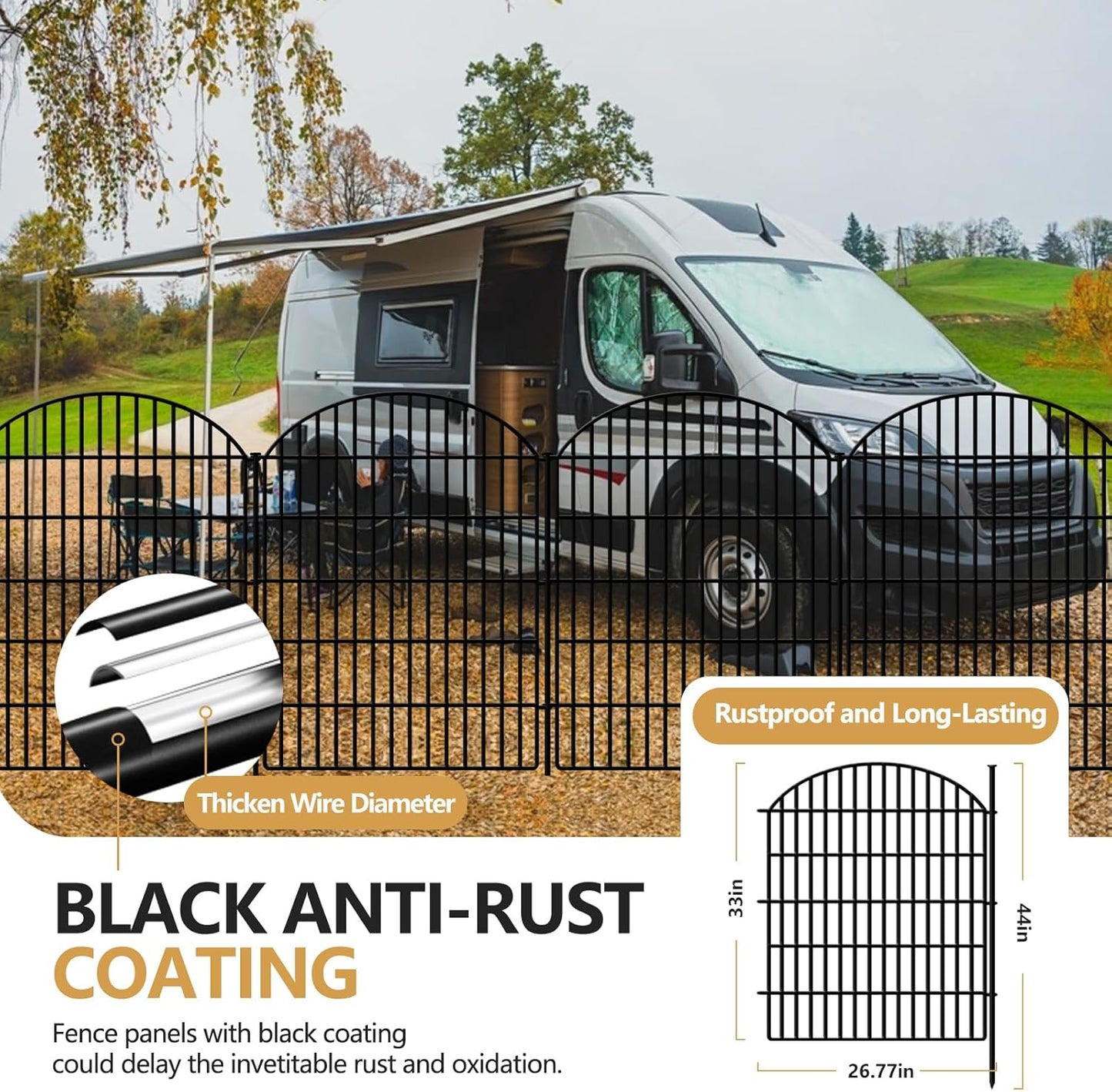 10 Panels No Dig Decorative Outdoor Garden Fence for Yard, 33in (H) x 21.92ft (L) Animal Barrier Fencing Rustproof Metal Panel Border for Dog, Rabbits Patio Camping Temporary Ground Stakes