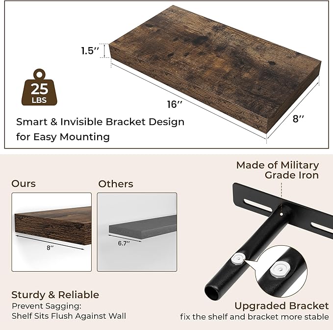 RICHFOCUS 16Inch Floating Shelves for Wall 2 Pack Shelves for Bedroom|Kitchen|Bathroom Wall Mounted Rustic Wood Floating Shelf with Invisible Brackets for Books|Storage|Decor, Rustic Brown