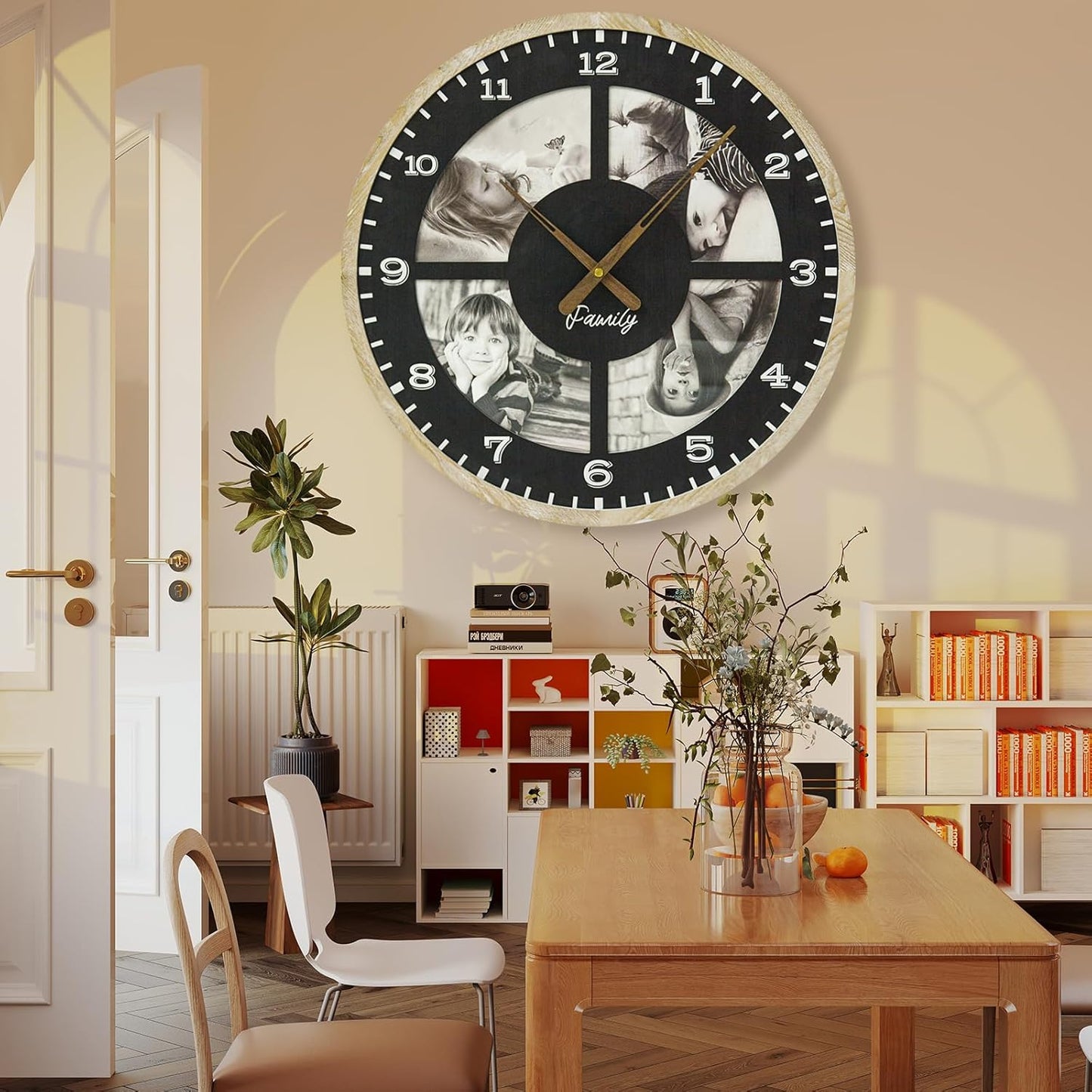 4 Photo Collage Wall Clock-24 Inch Large picture frame clock for Living Room Decor,Modern Big Wall Watch Battery Operated Decorative Clock with Personalized Frames for office ,living room,bedroom