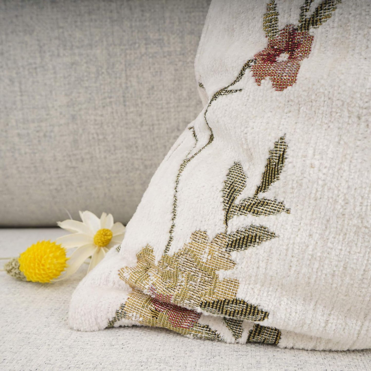 YOUR SMILE Classical Embroidery Jacquard Farmhouse Oblong Rectangle Chenille Beige Floral Pattern Decorative Throw Pillow Case,12x20 inch