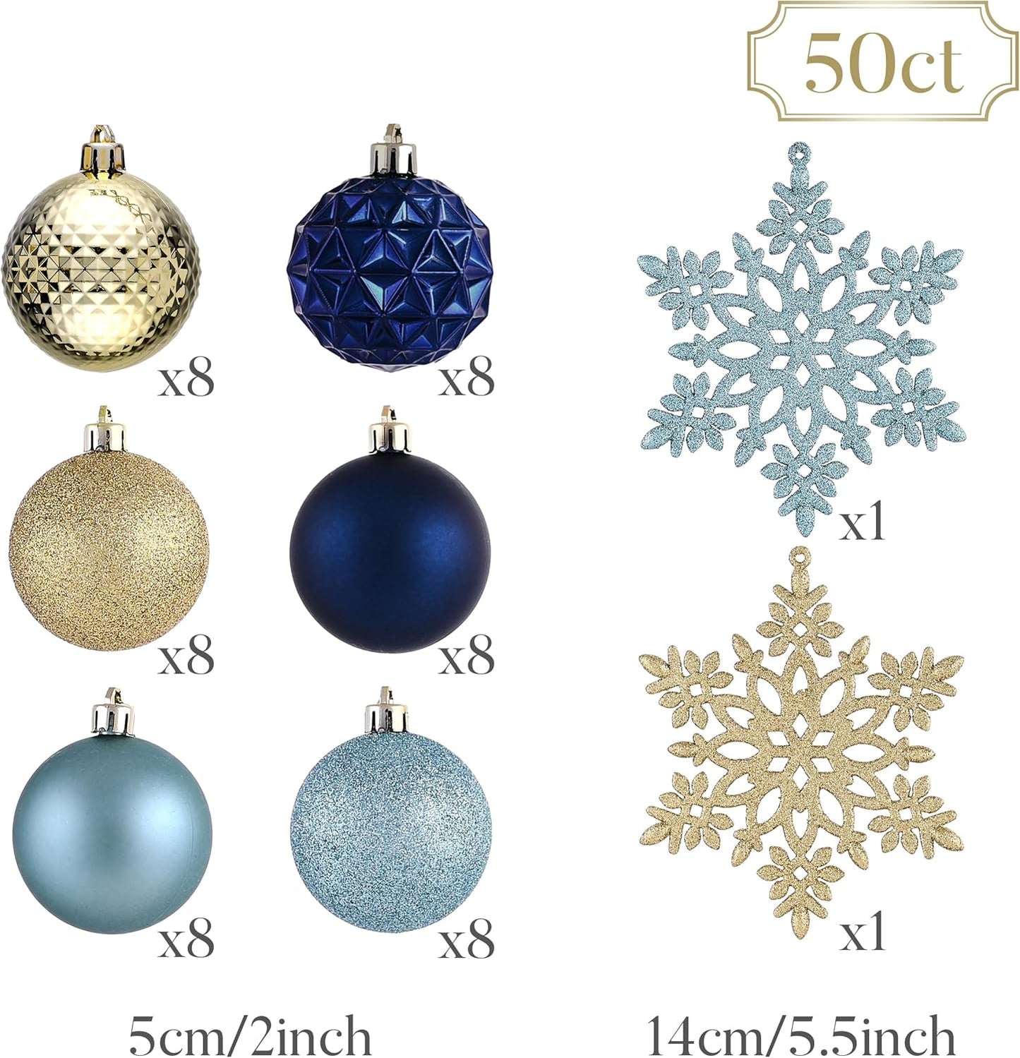 Valery Madelyn Christmas Tree Decorations Ornament Set for Fall Halloween, 50ct 2 Inches Blue and Gold Shatterproof Christmas Ball Ornaments Hanging Xmas Holiday Party Decor