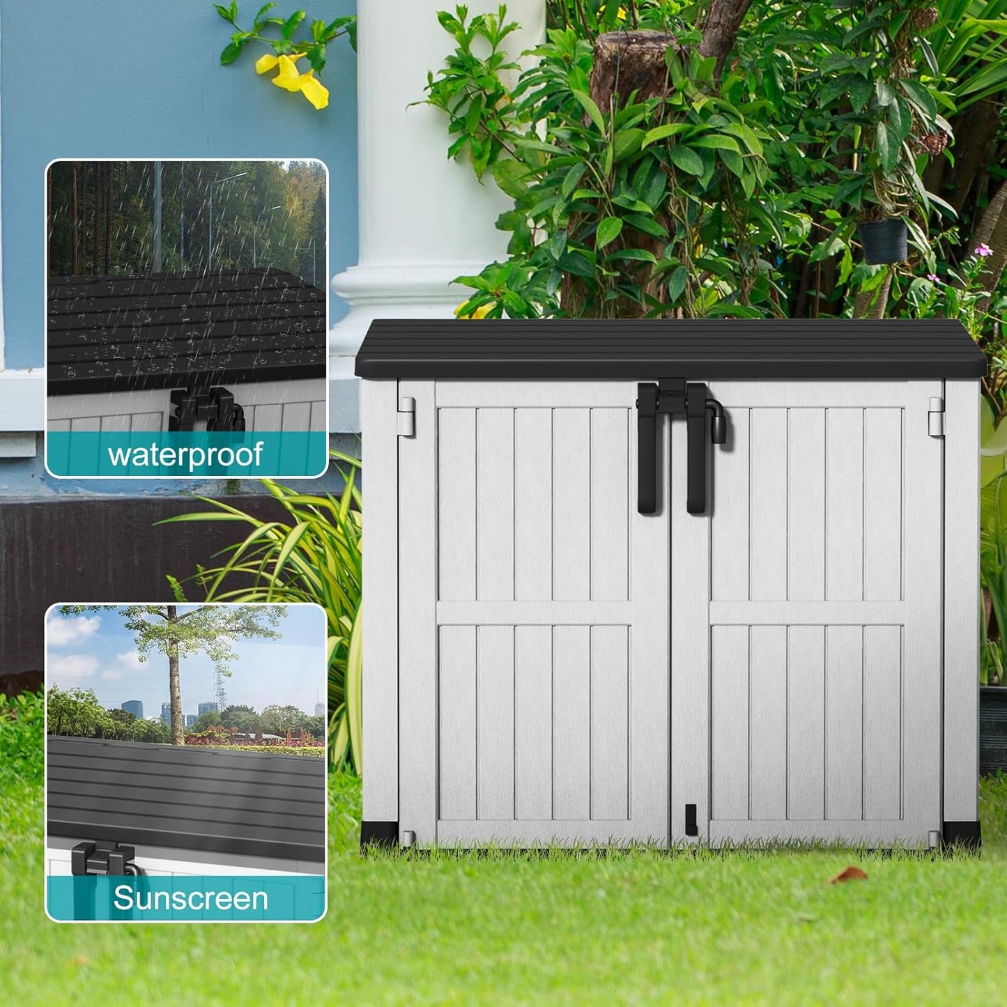 Vixzen 233 Gallon Larger Outdoor Deck Box,Lockable Resin Waterproof Storage Box,UV Resistant,Weather Resistance,Outside Storage Bin for Gardening Tools,Pool Supplies, Black and White