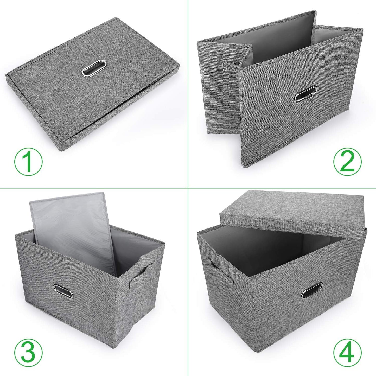 Large Linen Fabric Foldable Storage Bins with Removable Lid and Handles, Washable Storage Box Organizer Containers Baskets Cube with Cover for Bedroom,Closet,Office (Grey, Extra Large(2-Pack))